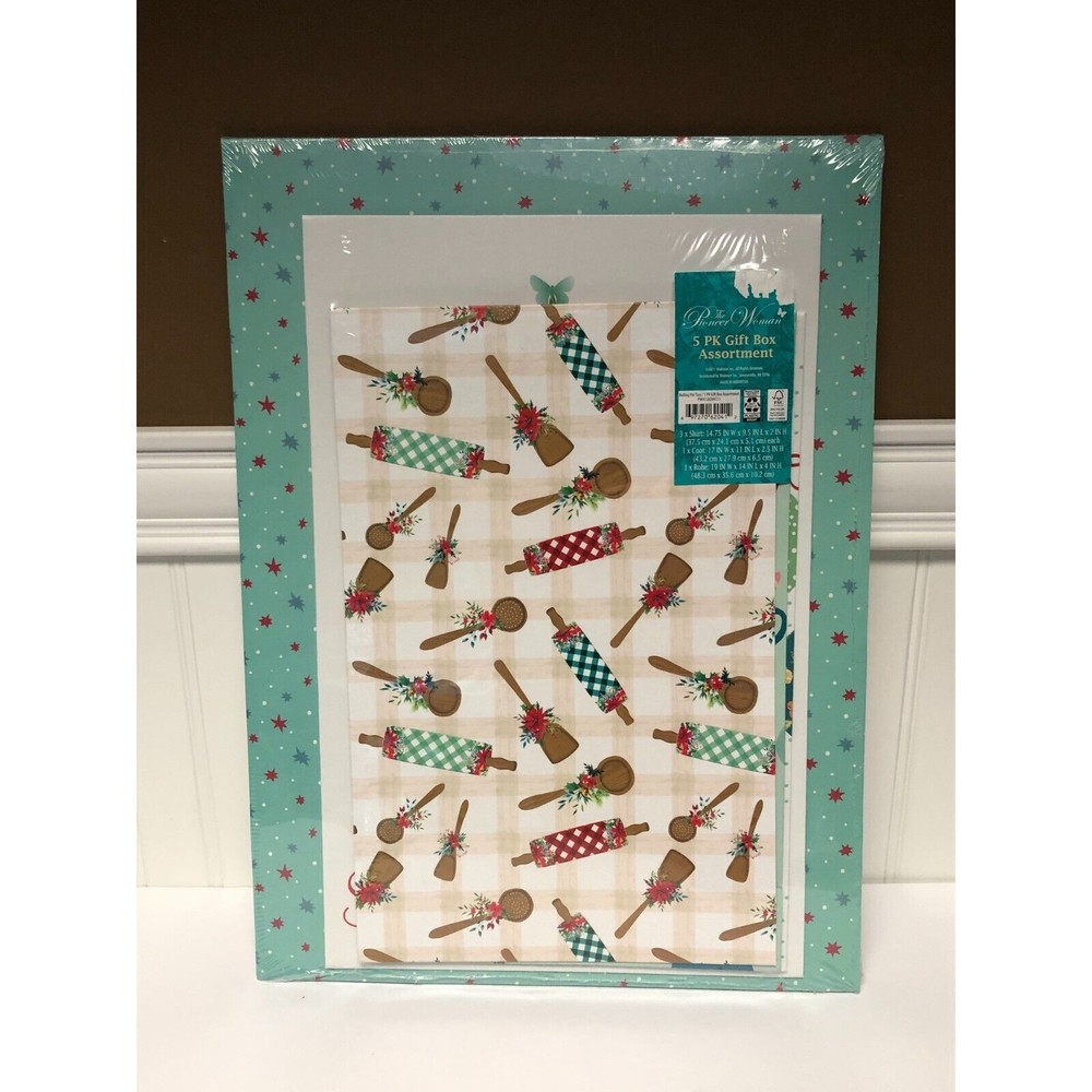 Pioneer Woman Christmas Holiday Gift boxes Set Rolling Pin Toss 5Pk White Teal